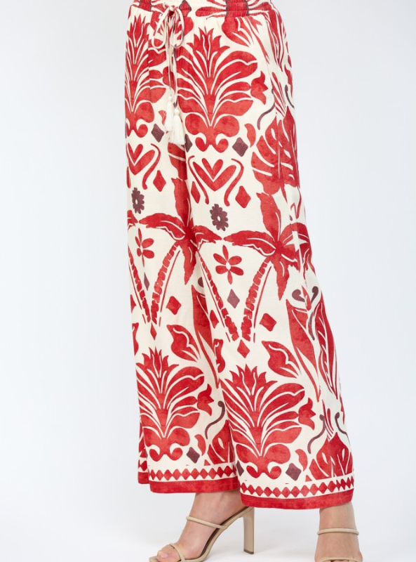 Tropical Print Drawstring Waist Wide Leg Pants