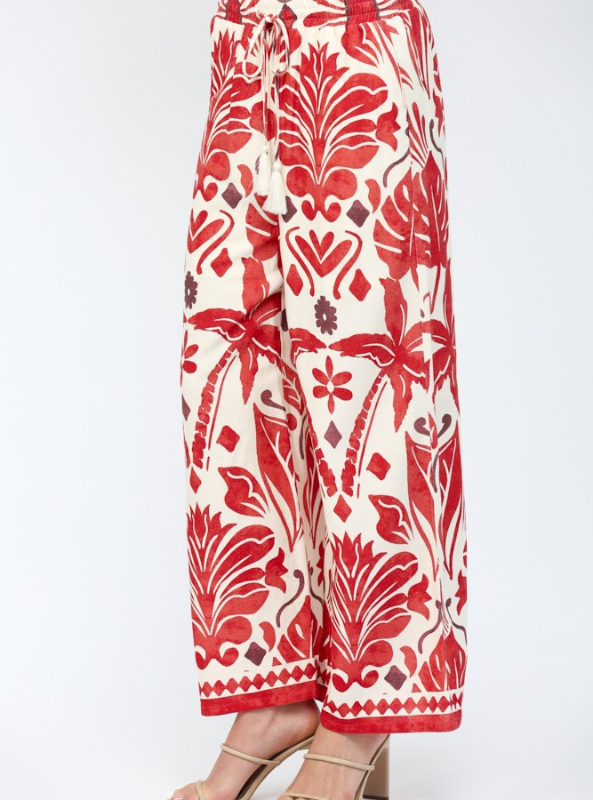 Tropical Print Drawstring Waist Wide Leg Pants