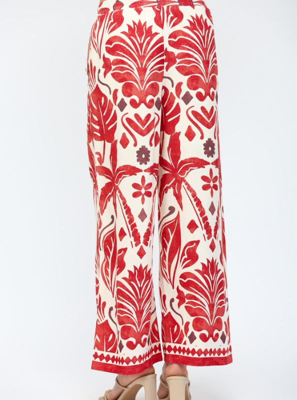 Tropical Print Drawstring Waist Wide Leg Pants