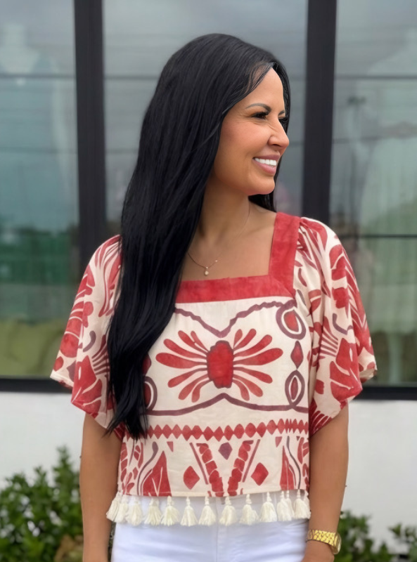 Tropical Print Square Neck Top