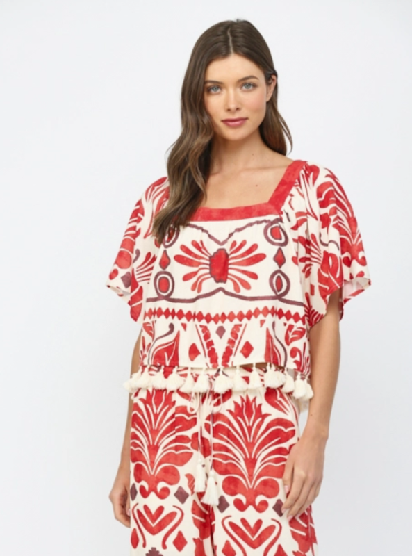 Tropical Print Square Neck Top