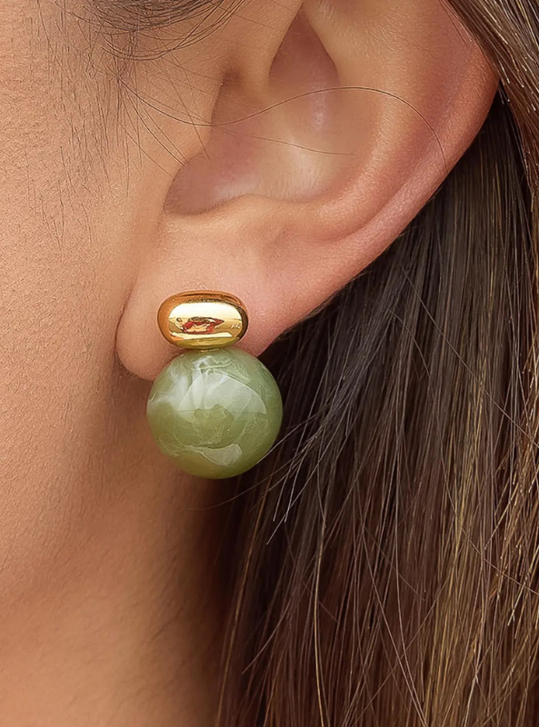 Velisse 18K Gold Non-Tarnish Green Marble Ball Earrings- Green