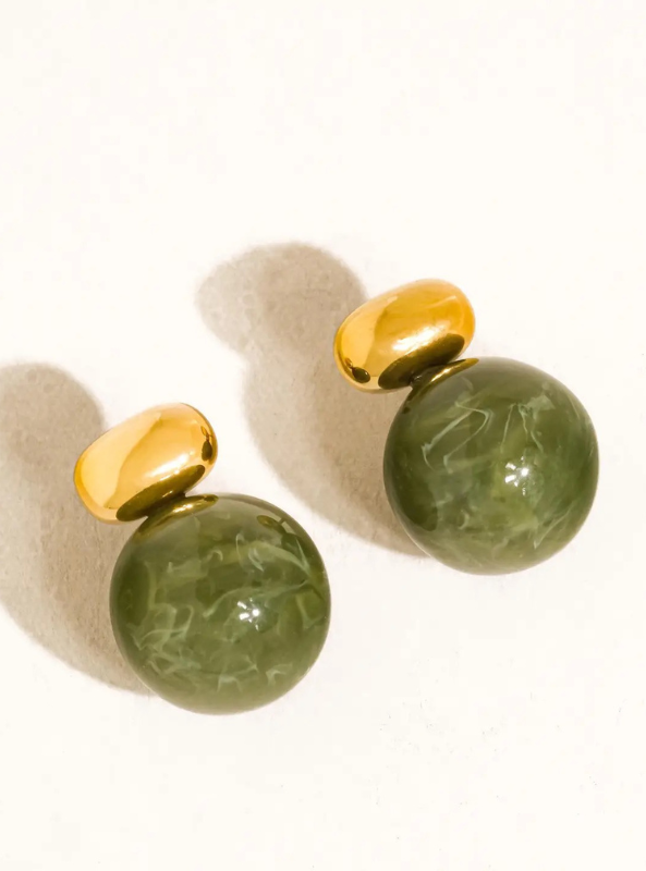 Velisse 18K Gold Non-Tarnish Green Marble Ball Earrings- Green