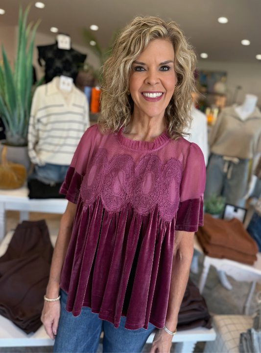 Velvet & Lace Babydoll Top- Woodrose