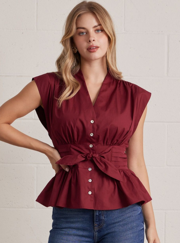 Vienne Peplum Top- Burgundy