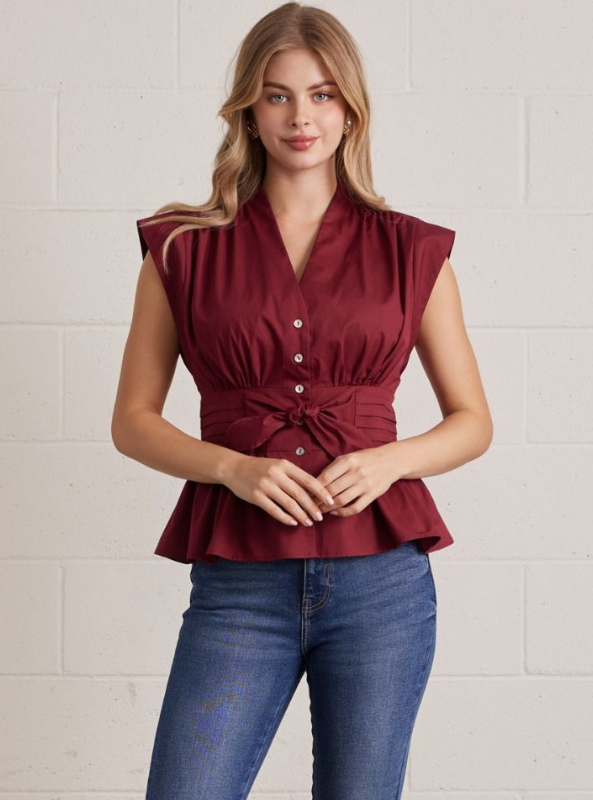 Vienne Peplum Top- Burgundy