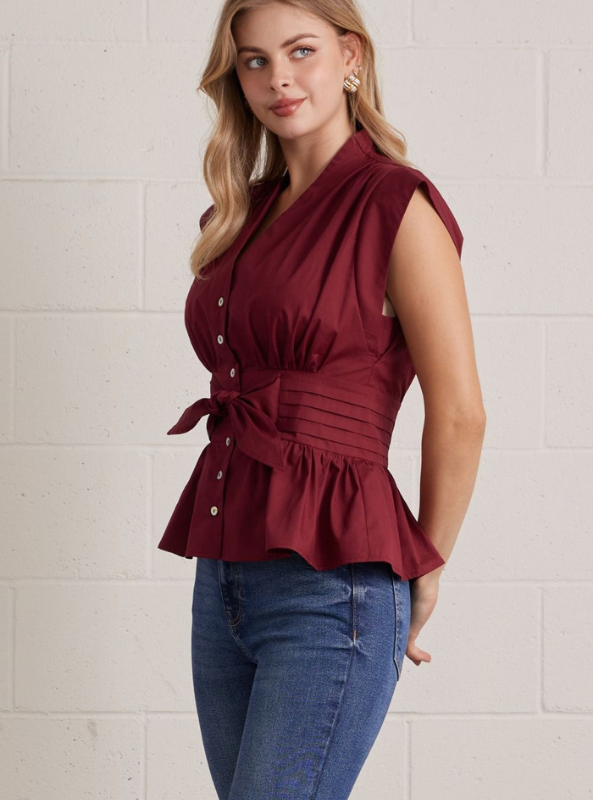 Vienne Peplum Top- Burgundy