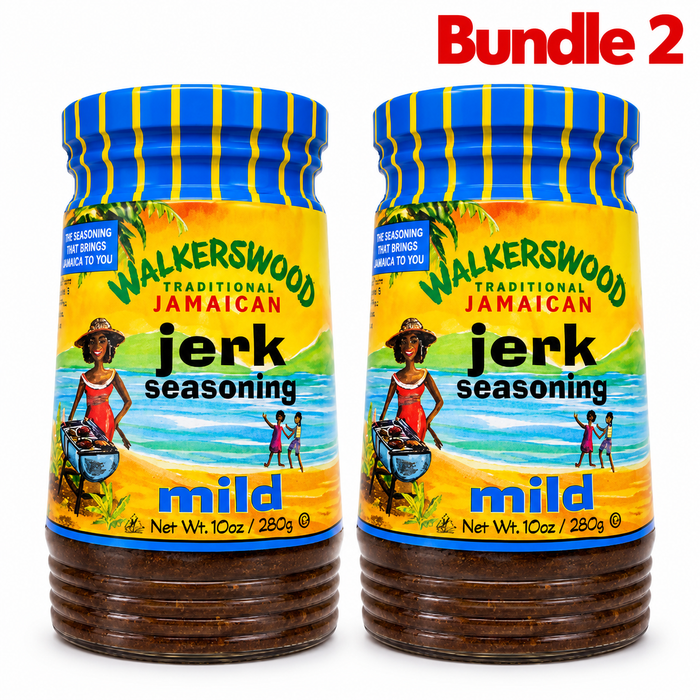 Walkerswood Jamaican Jerk Seasoning Mild 10 oz in a branded jar, authentic Jamaican jerk seasoning with a mild blend of herbs and spices, ideal for chicken, meat, fish, and grilled dishes.