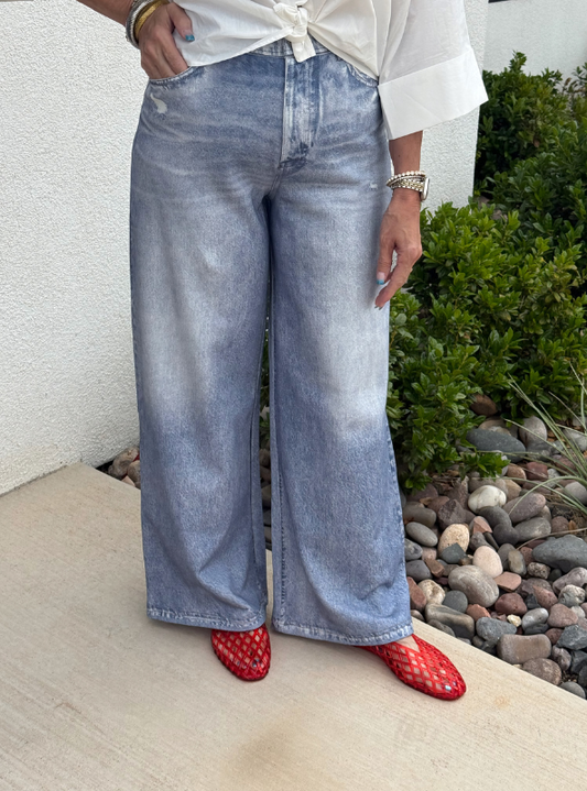 Washed Denim Print Wide Leg French Terry Pants