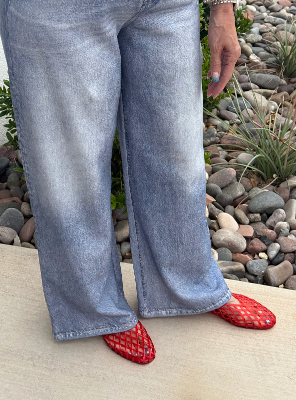 Washed Denim Print Wide Leg French Terry Pants