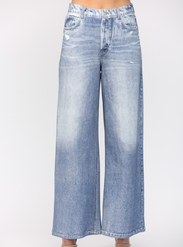 Washed Denim Print Wide Leg French Terry Pants