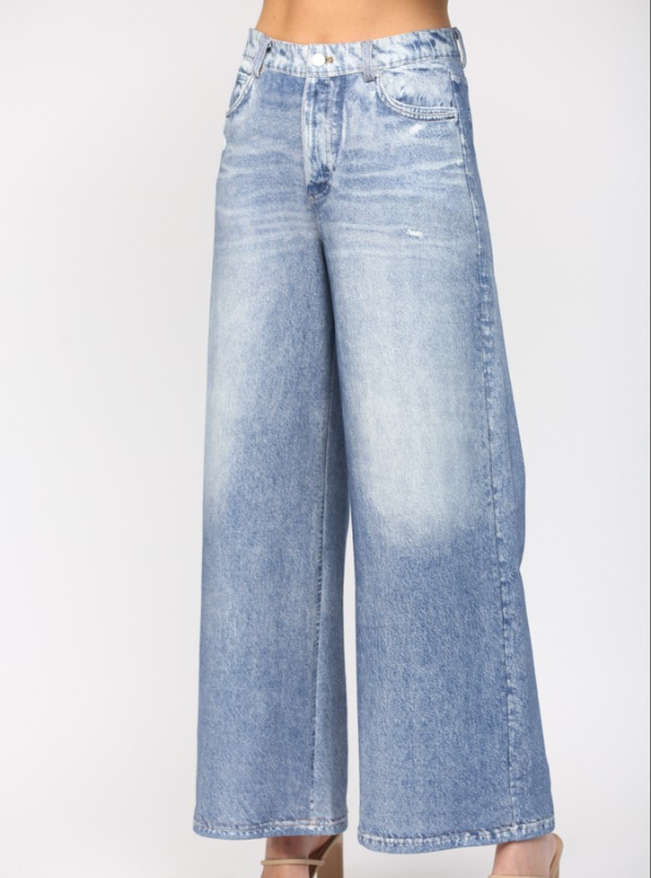 Washed Denim Print Wide Leg French Terry Pants