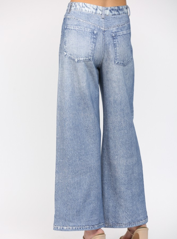 Washed Denim Print Wide Leg French Terry Pants