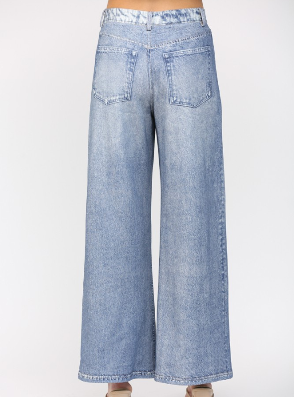 Washed Denim Print Wide Leg French Terry Pants