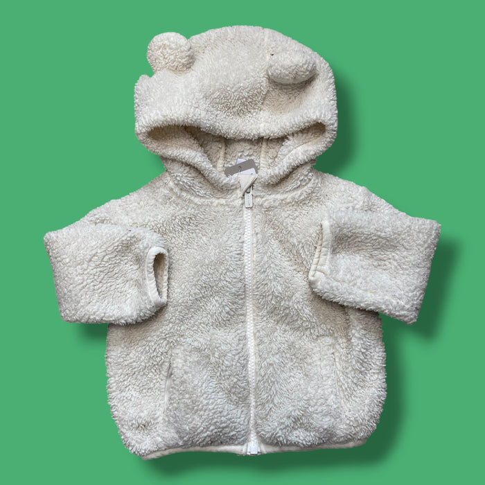 white Old Navy fuzzy zip coat, 6-12m