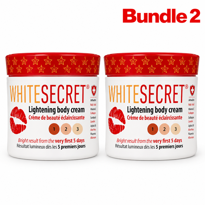 White Secret Lightening Body Cream in branded packaging, moisturizing skincare cream formulated to hydrate, soften, and help improve the appearance of uneven skin tone for smoother, brighter, and more radiant-looking skin.
