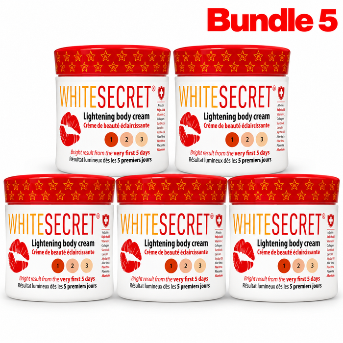 White Secret Lightening Body Cream in branded packaging, moisturizing skincare cream formulated to hydrate, soften, and help improve the appearance of uneven skin tone for smoother, brighter, and more radiant-looking skin.