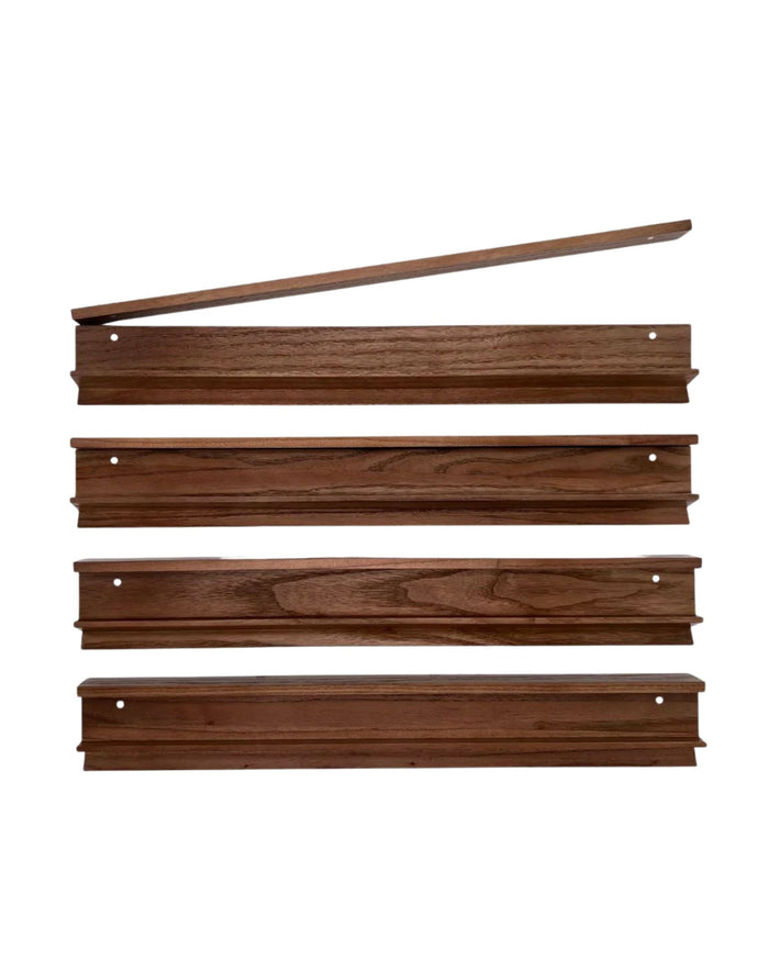 Four dark brown wooden shelf brackets with a matching wooden shelf span shown on a plain white background.