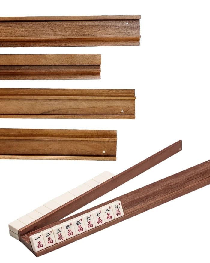 Close-up of dark brown wooden Mahjong tile rack with face-up tiles
