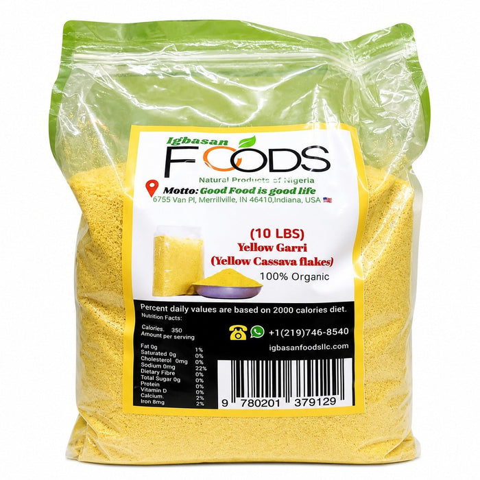 Yellow Garri (Gari) – Igbasan Foods Cassava Flakes, 5 lb & 10 lb 5 lb – Single Unit (Inventory Stock)