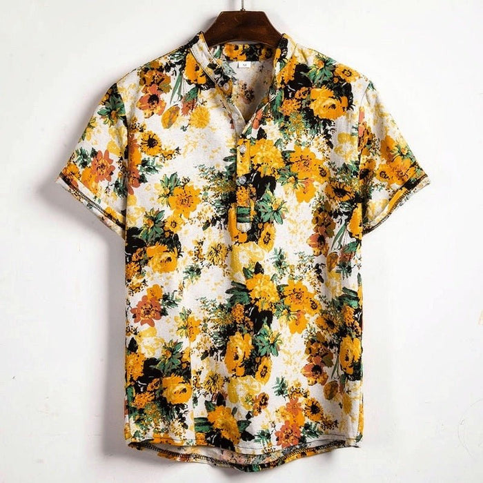 Yellow Hawaiian Floral Print Short Sleeve Shirt - AntoniosClothing - Yellow